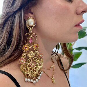 Christian Lacroix Ornate Floral Rhinestone & Faux Pearl Drop Clip Earrings